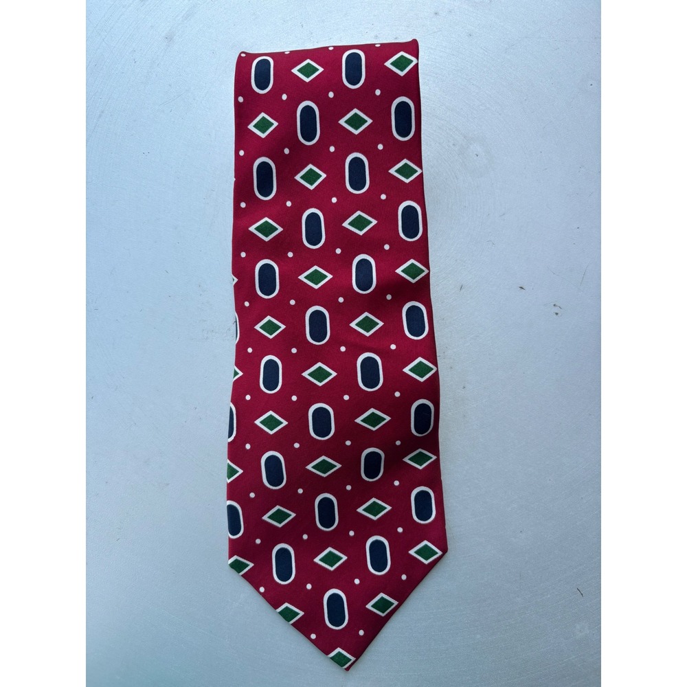 Pierre Cardin Mens Silk Necktie Red Geometric Navy Blue Oval Green Diamond Print